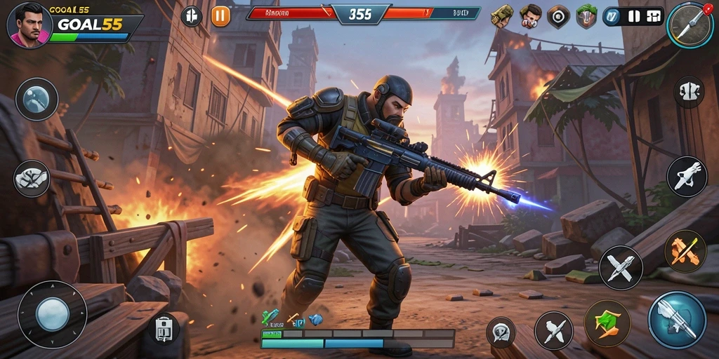 Tampilan gameplay menegangkan dari <strong>GOAL55</strong> dengan aksi seru dan misi menantang.