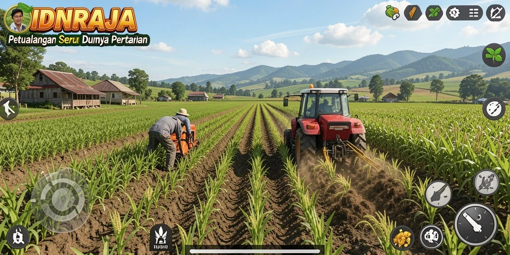 Tampilan gameplay IDNRAJA yang menampilkan ladang yang subur dan hewan ternak.