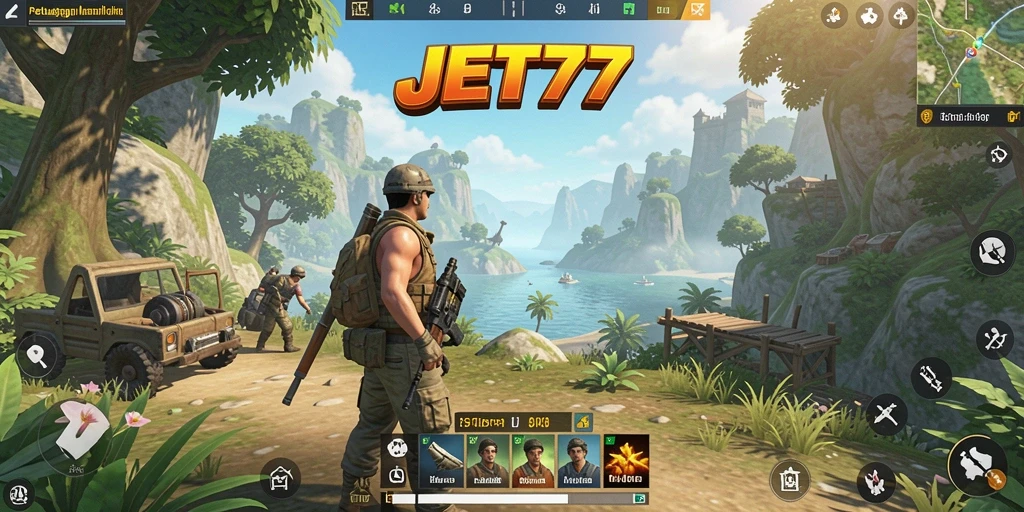 Tangkapan layar menampilkan gameplay JET77 dengan karakter menjelajah dunia terbuka.