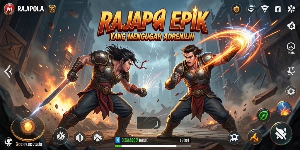 Tampilan gameplay epik dalam RAJAPOLA dengan aksi pertarungan yang mendebarkan.