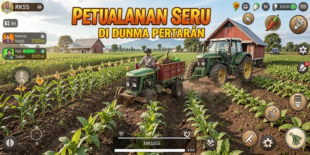 Tampilan gameplay RK55 yang memukau dengan ladang subur dan hasil pertanian yang melimpah.
