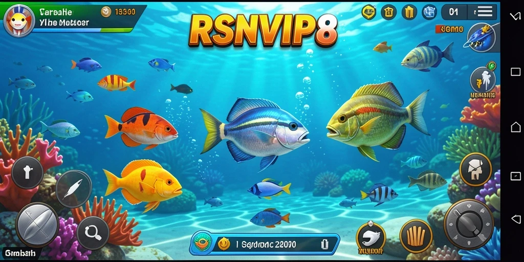 Screenshot utama RSNVIP8 menunjukkan aksi seru berburu ikan.