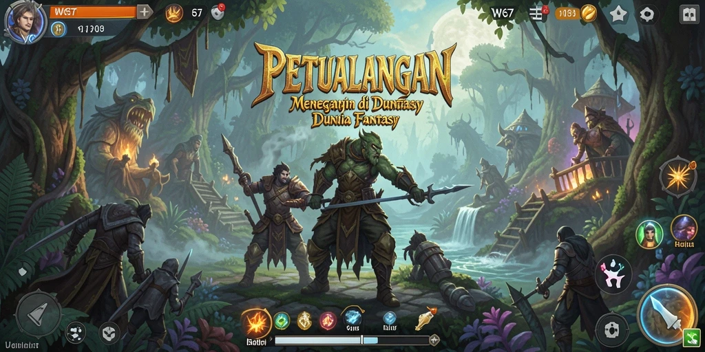 Screenshot W67 menampilkan pemain yang menjelajahi dunia petualangan yang penuh warna.